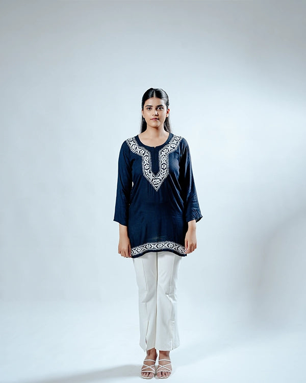Heritage Navy Blue Rayon Short Kurti