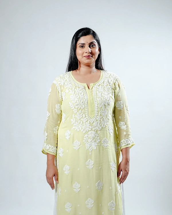Yellow Viscose Georgette Chikankari Readymade Kurta