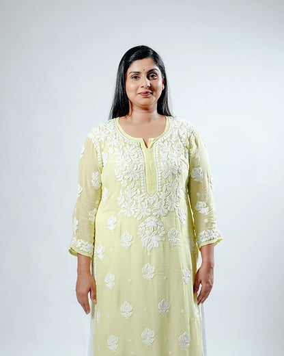 Yellow Viscose Georgette Chikankari Readymade Kurta