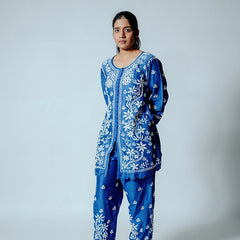 Dark Blue Muslin Co-ord Set With Ghaspatti Chikankari Work