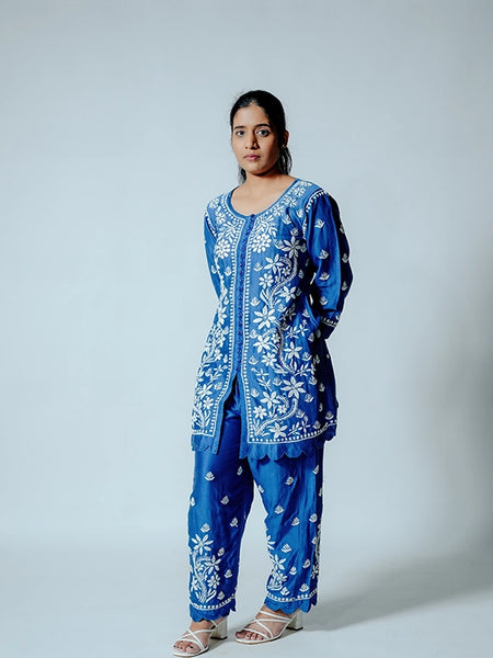 Dark Blue Muslin Co-ord Set With Ghaspatti Chikankari Work