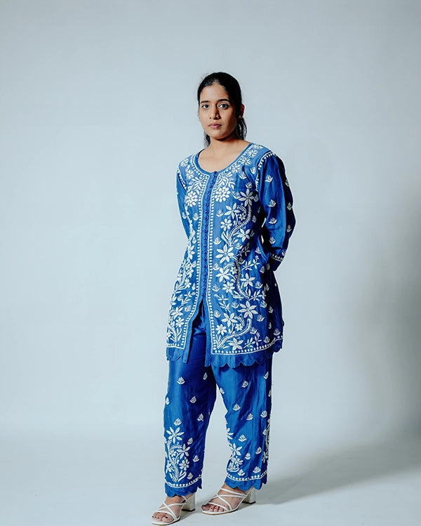 Dark Blue Muslin Co-ord Set With Ghaspatti Chikankari Work