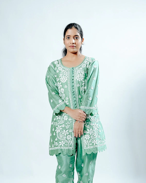 Green Pink Muslin Co-ord Set With Ghaspatti Chikankari Work