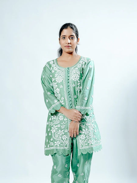 Green Pink Muslin Co-ord Set With Ghaspatti Chikankari Work