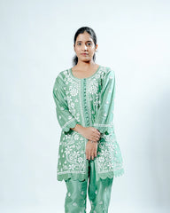 Green Pink Muslin Co-ord Set With Ghaspatti Chikankari Work