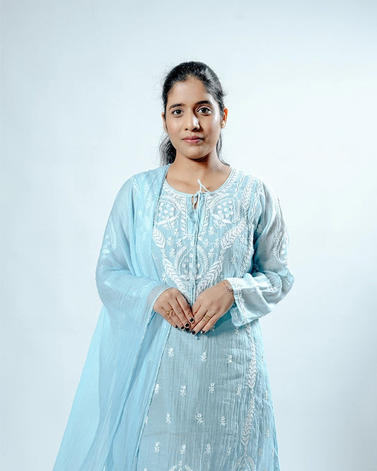 Celestial Blue Mulchanderi Suit Set