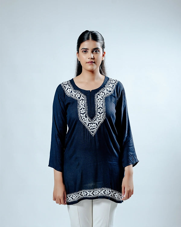 Heritage Navy Blue Rayon Short Kurti
