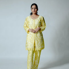 Yellow Muslin Co-ord Set With Ghaspatti chikankari work