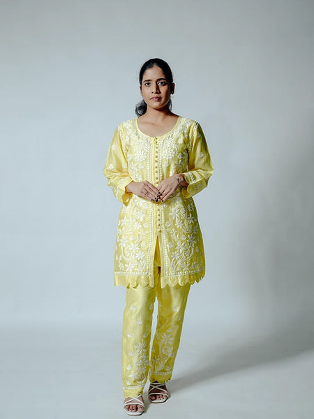 Yellow Muslin Co-ord Set With Ghaspatti chikankari work
