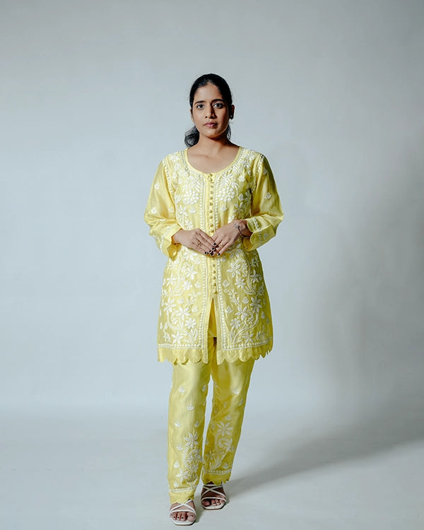 Yellow Muslin Co-ord Set With Ghaspatti chikankari work