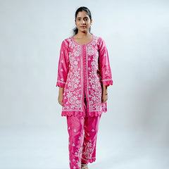 Green Pink Muslin Co-ord Set With Ghaspatti Chikankari Work