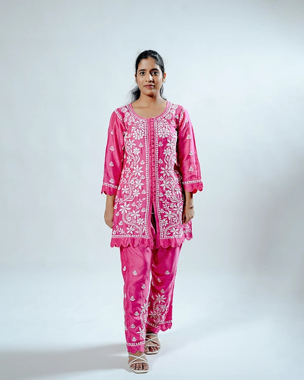Green Pink Muslin Co-ord Set With Ghaspatti Chikankari Work
