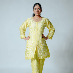 Yellow Muslin Co-ord Set With Ghaspatti chikankari work