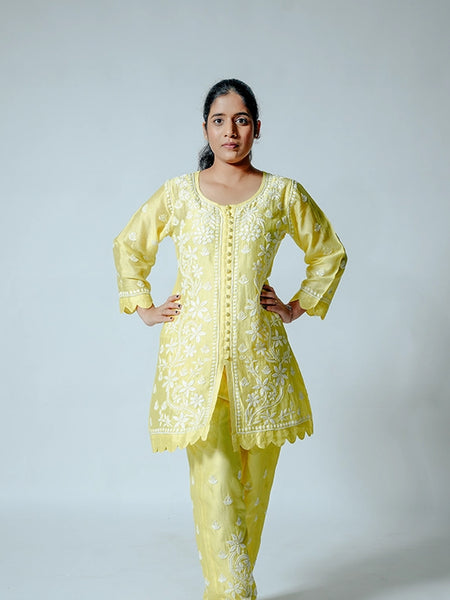 Yellow Muslin Co-ord Set With Ghaspatti chikankari work