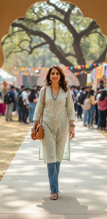 Pista Chanderi Chikankari Aline Kurta