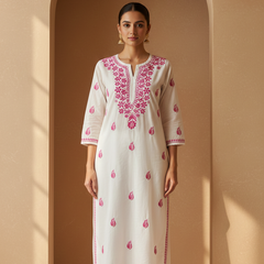 Magenta Embroidery Chikankari Rayon Long Kurti
