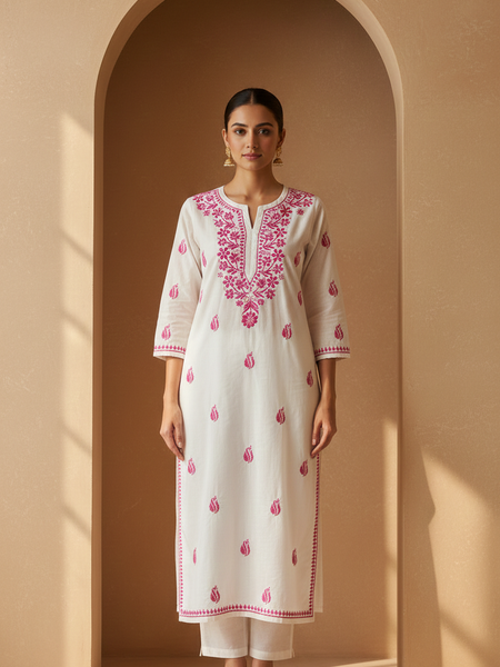 Magenta Embroidery Chikankari Rayon Long Kurti