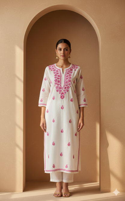 Magenta Embroidery Chikankari Rayon Long Kurti