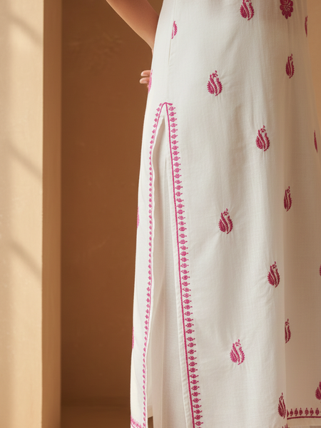 Magenta Embroidery Chikankari Rayon Long Kurti