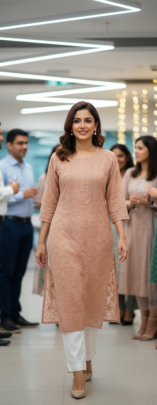 Resham Viscose Georgette Kurta In Tan Color