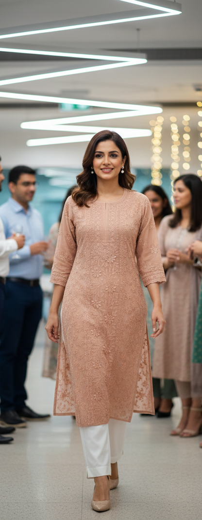 Resham Viscose Georgette Kurta In Tan Color