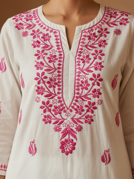 Magenta Embroidery Chikankari Rayon Long Kurti