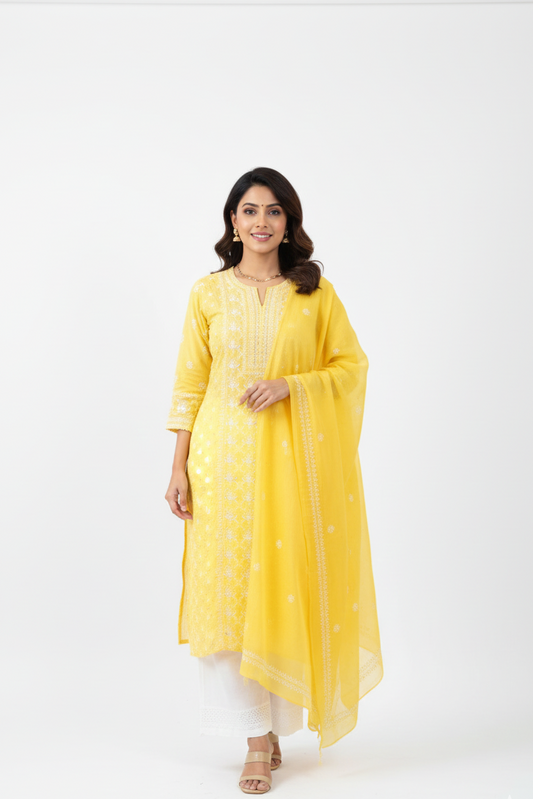 Pantone Minion Yellow Chikankari Suit Set