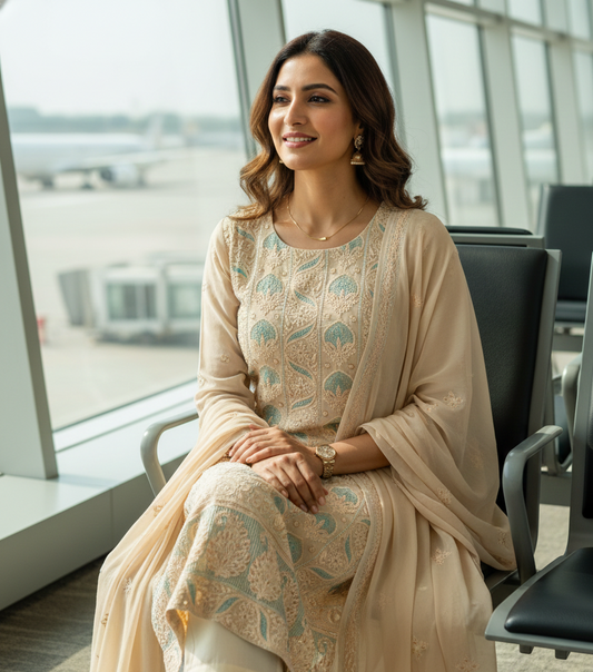 Pantone Buff Orange Chikankari Suit Set With Thread Embroidery