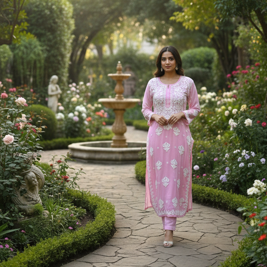 Pink Viscose Georgette Chikankari Readymade Kurta