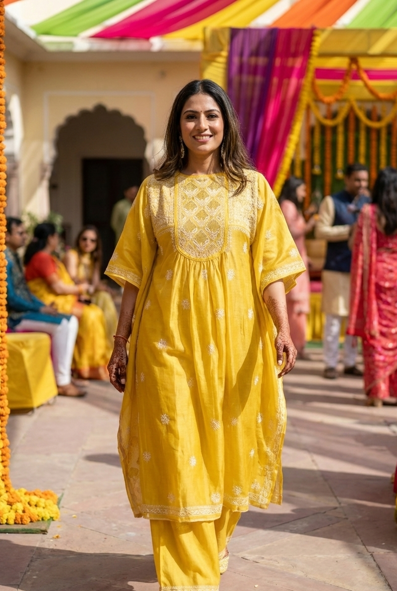 Woman in a yellow traditional outfit standing in a decorated outdoor setting with people in the background.