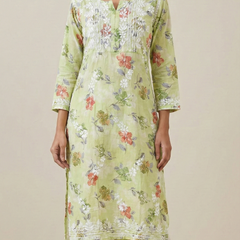 Green Chikankari Mulmul Pocket Kurti