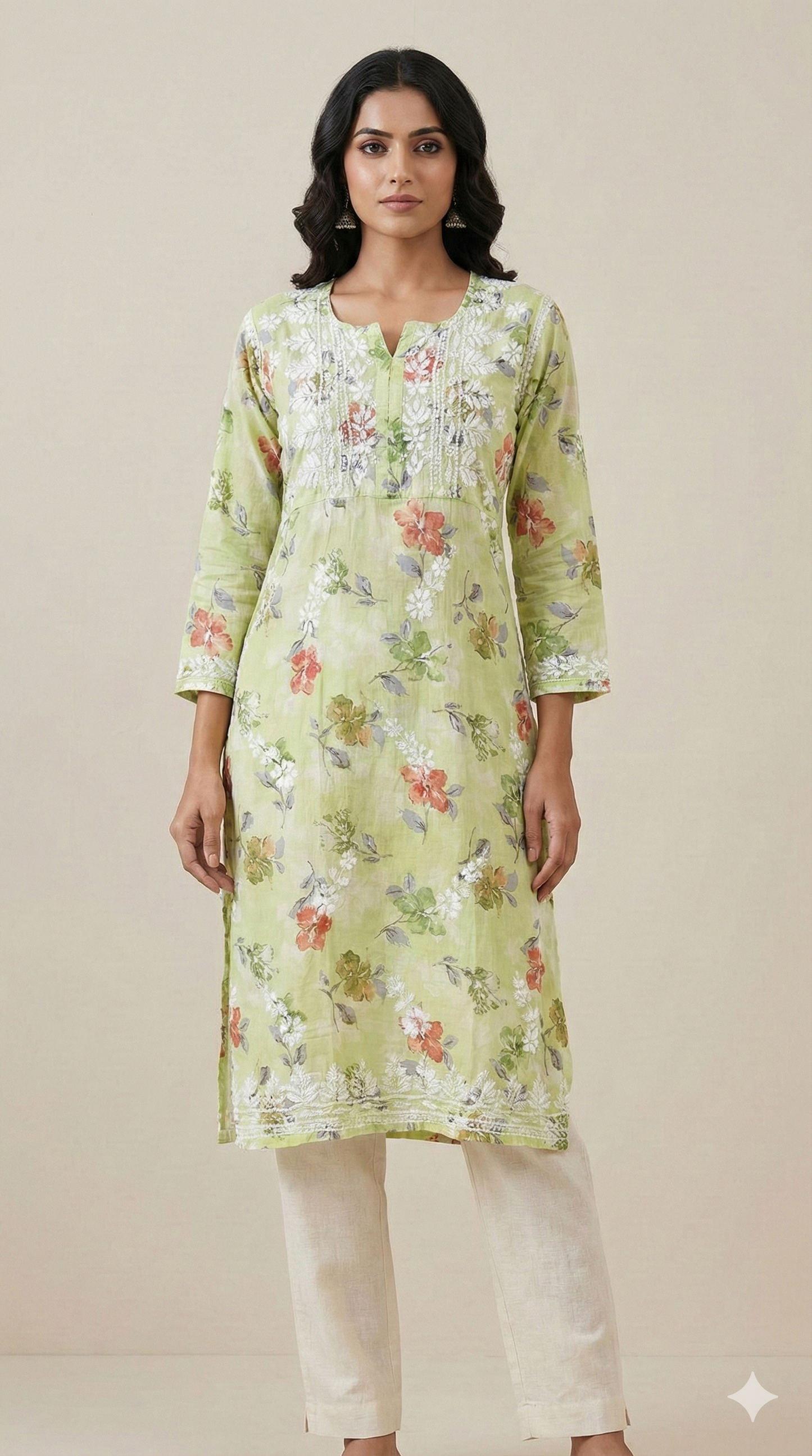 Green Chikankari Mulmul Pocket Kurti