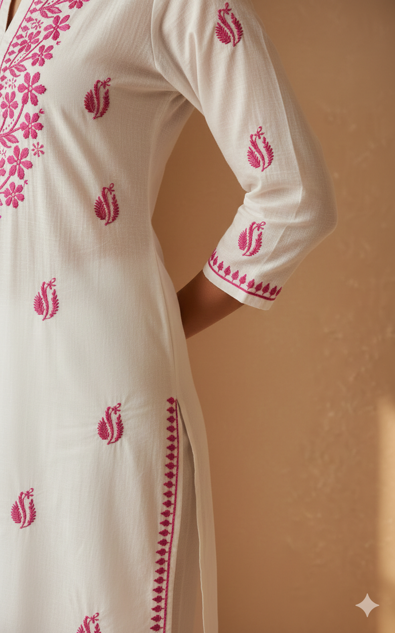 Magenta Embroidery Chikankari Rayon Long Kurti