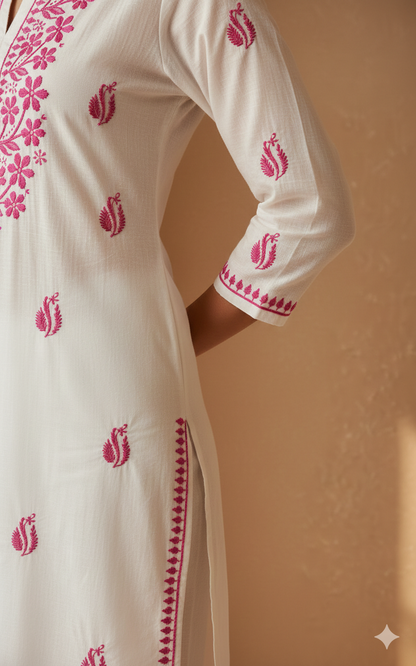 Magenta Embroidery Chikankari Rayon Long Kurti
