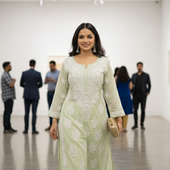Green Readymade Cotton Chikankari Kurta