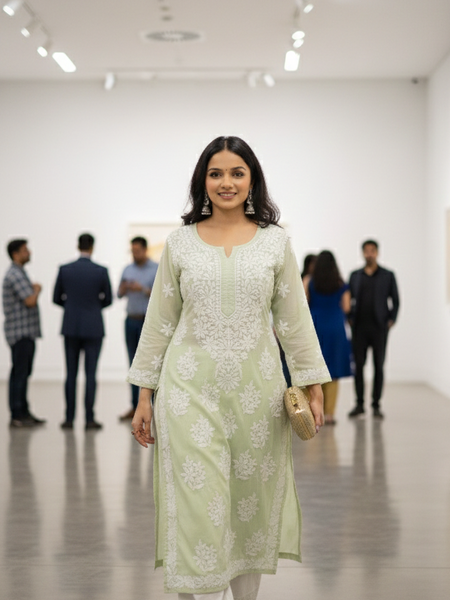 Green Readymade Cotton Chikankari Kurta