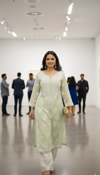 Green Cotton Chikankari Kurta