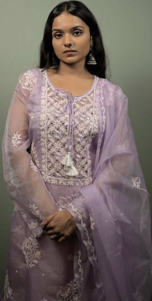 Chikankari Organza Lavender Kurta Dupatta Set