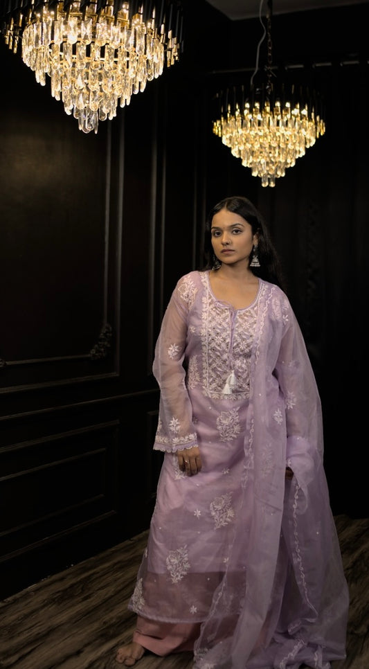 Chikankari Organza Lavender Kurta Dupatta Set