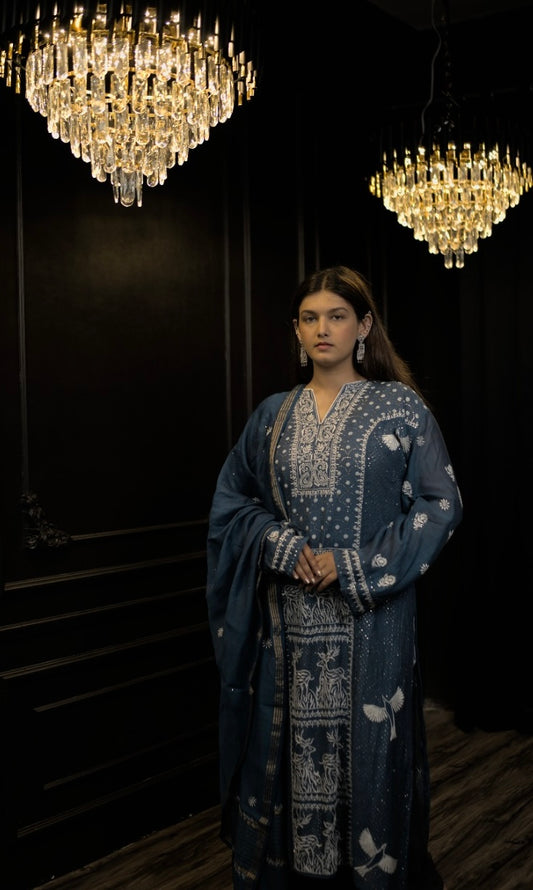 Navy Blue Semistitched Mulchanderi Kurta Dupatta Suit Set
