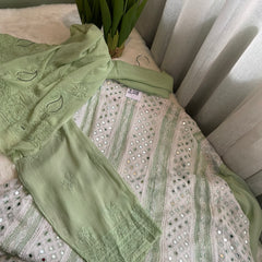 White Anarkali Chikankari Swarovski Suit Set