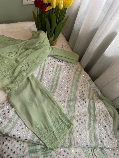 White Anarkali Chikankari Swarovski Suit Set