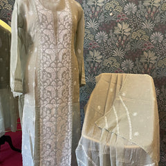 Pantone Tender Green Tissue Semistitched Chikankari Suit Set