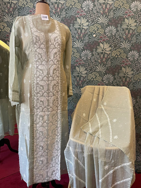 Pantone Tender Green Tissue Semistitched Chikankari Suit Set