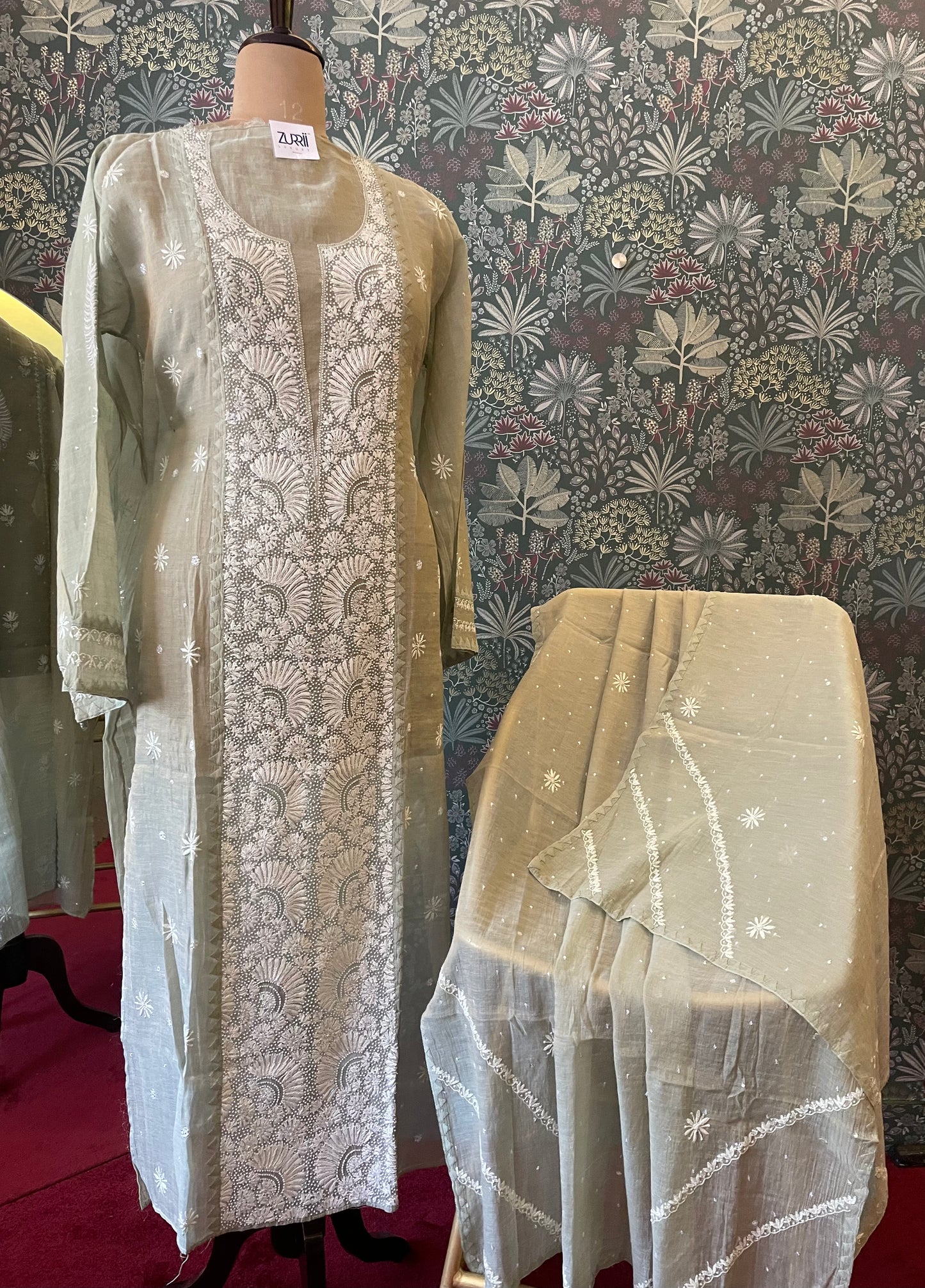Pantone Tender Green Tissue Chikankari Suit Set