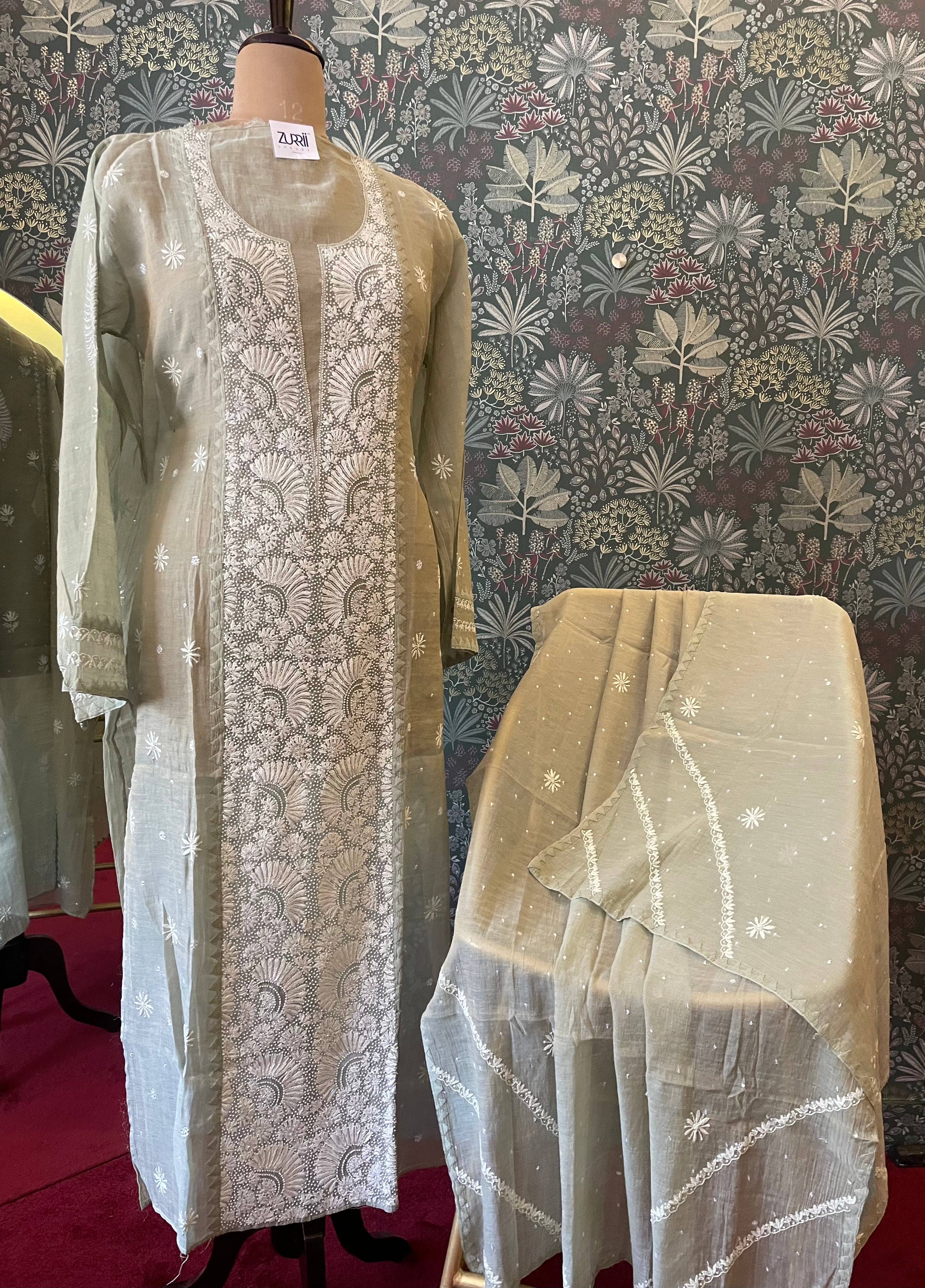 Pantone Tender Green Tissue Chikankari Suit Set