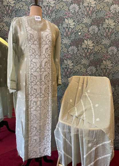 Pantone Tender Green Tissue Semistitched Chikankari Suit Set