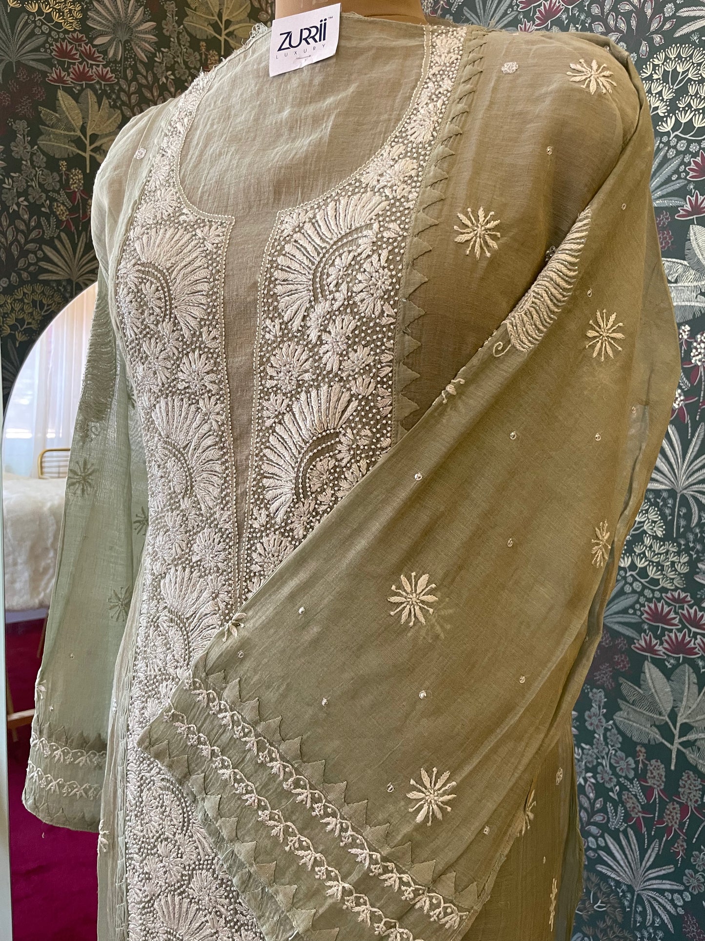 Pantone Tender Green Tissue Chikankari Suit Set