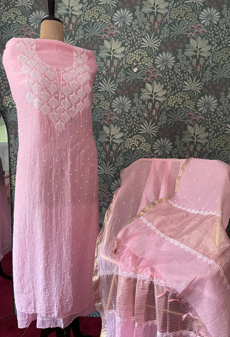 Pink Pearl Chikankari Work Unstitched Suit Set