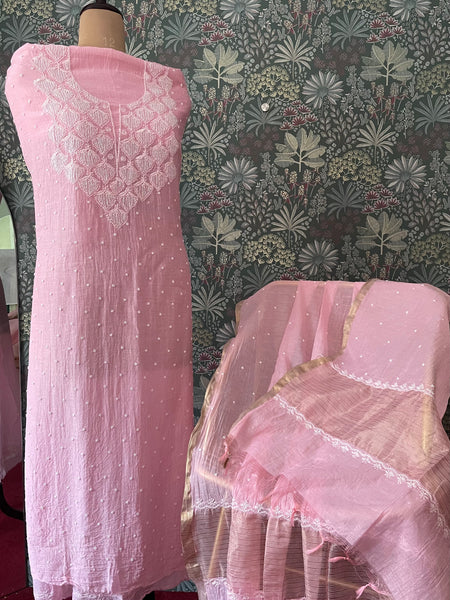 Pink Pearl Chikankari Work Unstitched Suit Set